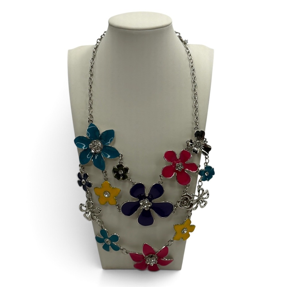 Juicy Couture Enamel Flower Rhinestone Statement Necklace Multicolor Silver Tone